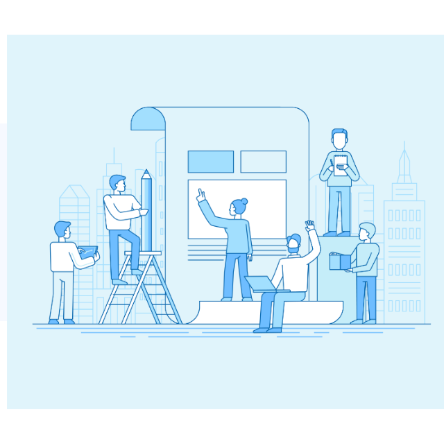 Team collaborating on a website design together in front of a city skyline