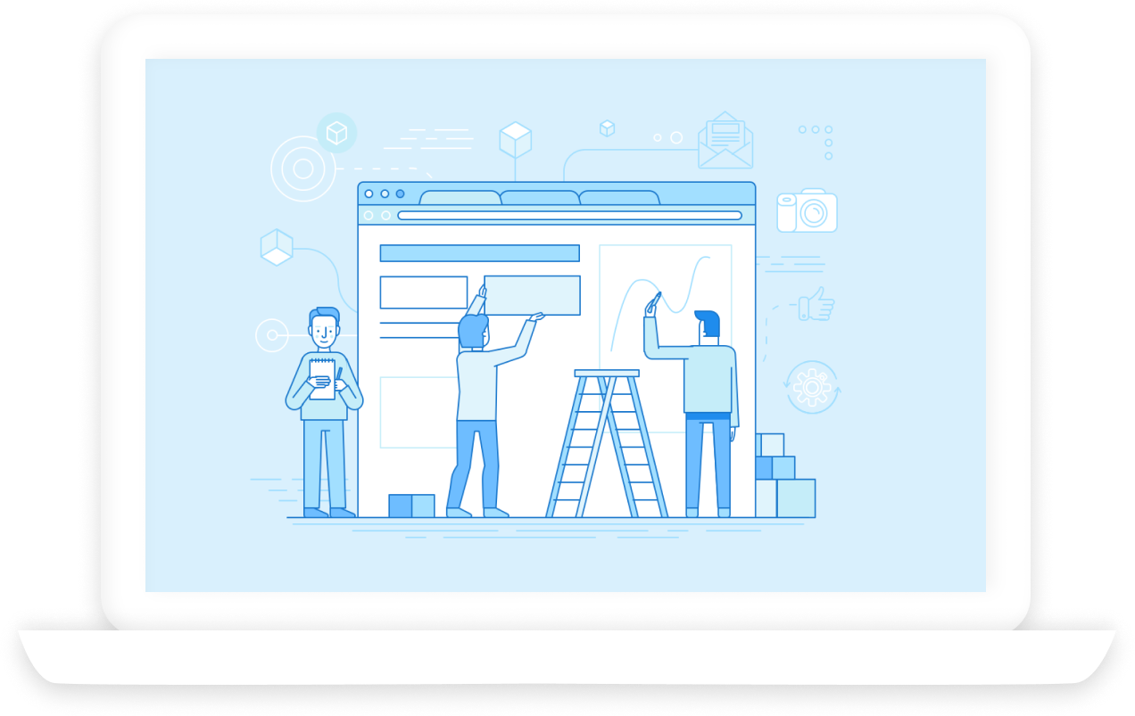 Team building a website together, illustrated on a laptop screen