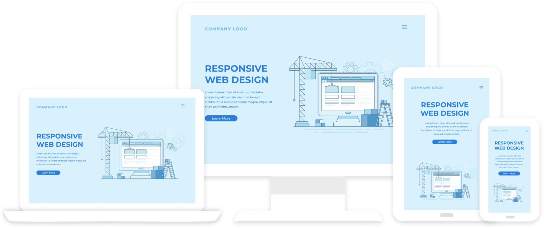 The website design shown responsively across a laptop, desktop monitor, tablet and phone